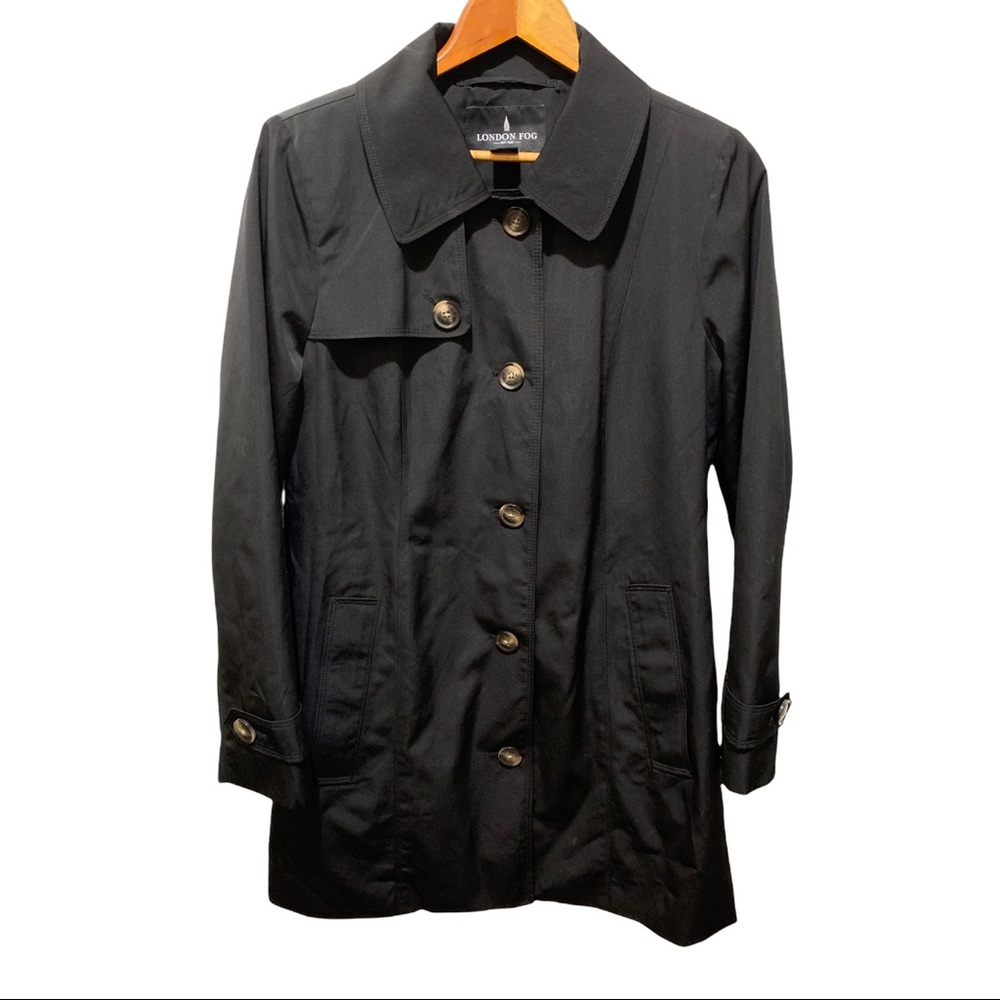 LONDON FOG BLACK FULL BUTTON DOWN  LS INTERIOR LINED TRENCH COAT SIZE MEDIUM - Picture 2 of 16